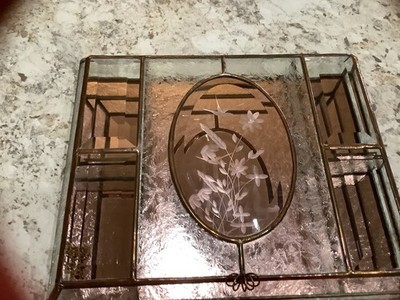 Vintage Beveled Glass, Brass, Mirror Trinket Jewelry Box Footed w/etched Flowers