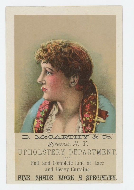 Mr Fancy Cancel D McCarthy & Co Upholstery Department Syracuse NY Ad Card #1489