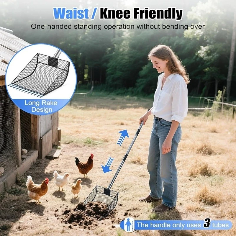 Rastrillo cuchara para caca de pollo 2 en 1 ajustable mango de acero inoxidable herramienta de jardín Foto 3 de 4