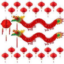 23Pcs Chinese Party Decorations with 2 3D Dragons  20 Red Lanterns