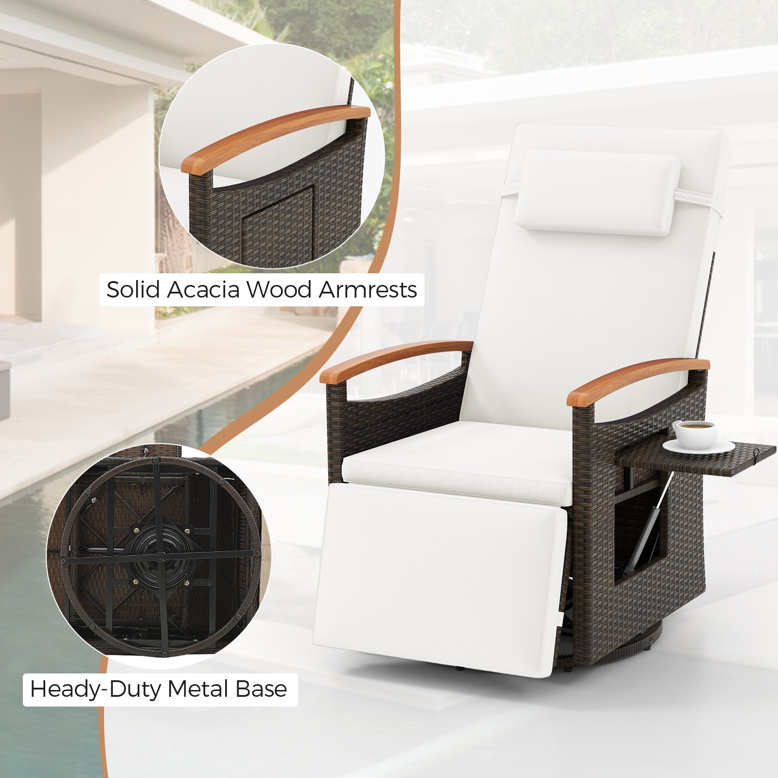 Outdoor 360&deg; Swivel Rattan Recliner Chair Patio Wicker Chaise Lounge Chair