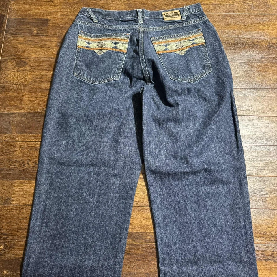 Pantalones de mezclilla vintage Paco para hombre 34X30 azul bordado BMX Y2K azteca occidental Foto 4 de 4