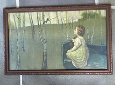 Vintage Framed “Spring Song” Print by Simon Glöcklich Girl Watching Bird 32x20.5