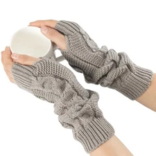 Women Winter Arm Warmers Long Fingerless Mittens Gloves Wrist One Size Grey