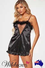 NEW Seven Til Midnight Vintage Glam Black Crepe Babydoll with Marabou Trim
