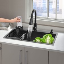 Kitchen Sink Set, 201 Stainless Steel Sink Kit, Black Sink With Pull-Out Faucet
