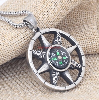 Cool Mens Working Nautical Compass Necklace Pendant Stainless Steel Chain