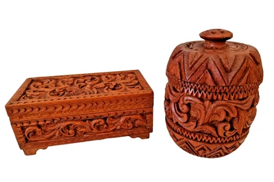Vintage Handmade Wood Carved Jar with Lid & Hinged Box - Tobacco, Cigars, Jewels - image 1 of 4