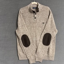 Chaps Sweater Mens XL Beige Solid Cotton Knit Henley Elbow Patches Pullover Prep