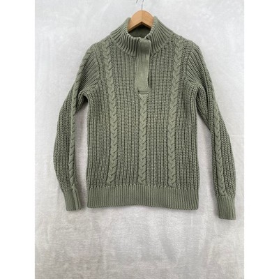 L.L. Bean Cable Knit Sweater Small Sage Green Mock Neck Cotton 506298 Pullover