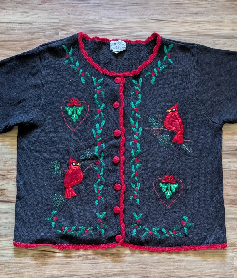 Suéter Cardenal Tejido Navidad De Colección Para Mujer 3X Negro Acebo Vacaciones Cottagecor Foto 3 de 4