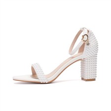 Pearls Block Heels Sandals Peep Toe Rhinestone Women's Chunky Heel Pump Shoes