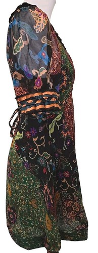 Boho Chic Artsy 100% Sheer Silk Patchwork Pattern belt mini Dress Women's size S - Picture 2 of 5