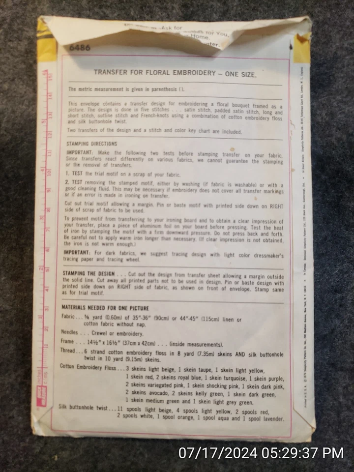 Simplicity 6486 Embroidery Design Pattern Floral Basket UNUSED UNCUT (C6B5) - Image 3 of 4