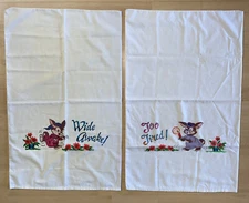 Vintage Pair Pillowcases Handpainted Liquid Embroidery Tired Awake Kitsch Bunny