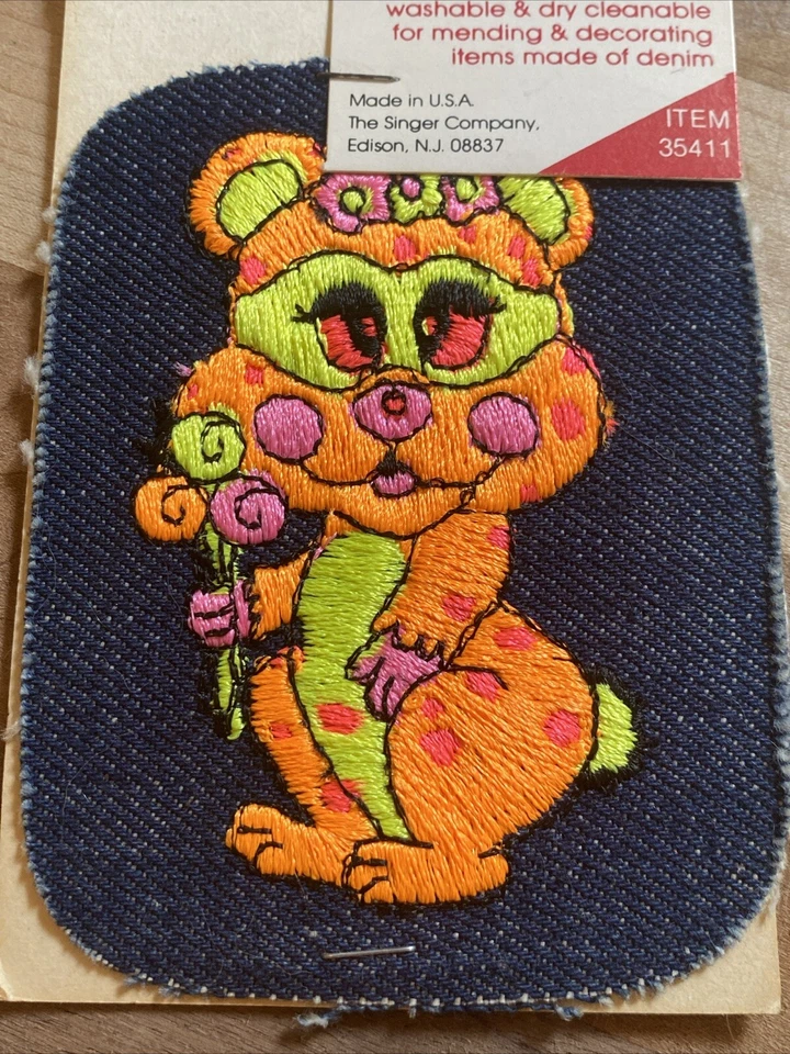 Vintage Singer Designer Embroidered Iron-On Denim Patch Neon Bear - Image 2 of 4