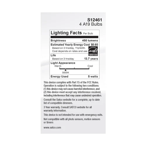 4 Pack Satco S12461 LED Filament 5W =40W A19 Medium E26 Clear 3000K Soft White - Picture 9 of 11