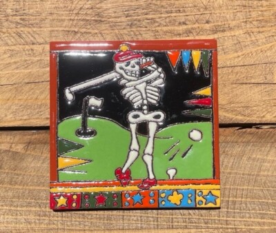 Glazed 4  Square Tile of a Day of the Dead Dia de los Muertos Golfer   26724