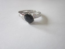 Sterlig Silver 1 Oval Cut Real Black Sapphire and CZ Ring Real Fashion size 9