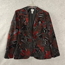 Chico's Blazer Women  s Size 1 Medium Red Multi Floral Metallic Open Front Jacket