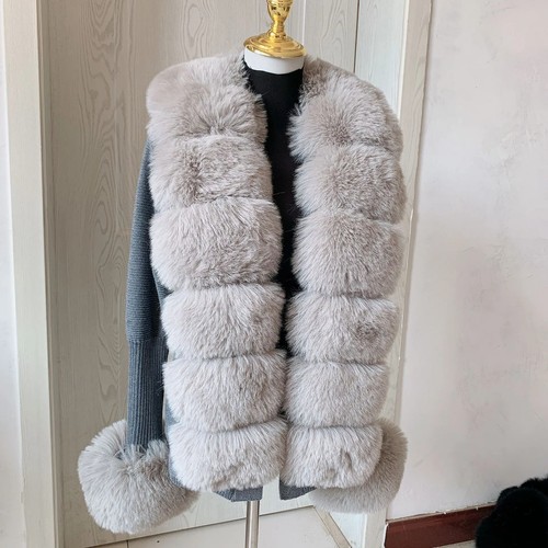 Women's Cropped Sweater Cardigan Faux Fur Knit Sweater Cardigan with Fur Collar - Picture 33 of 36