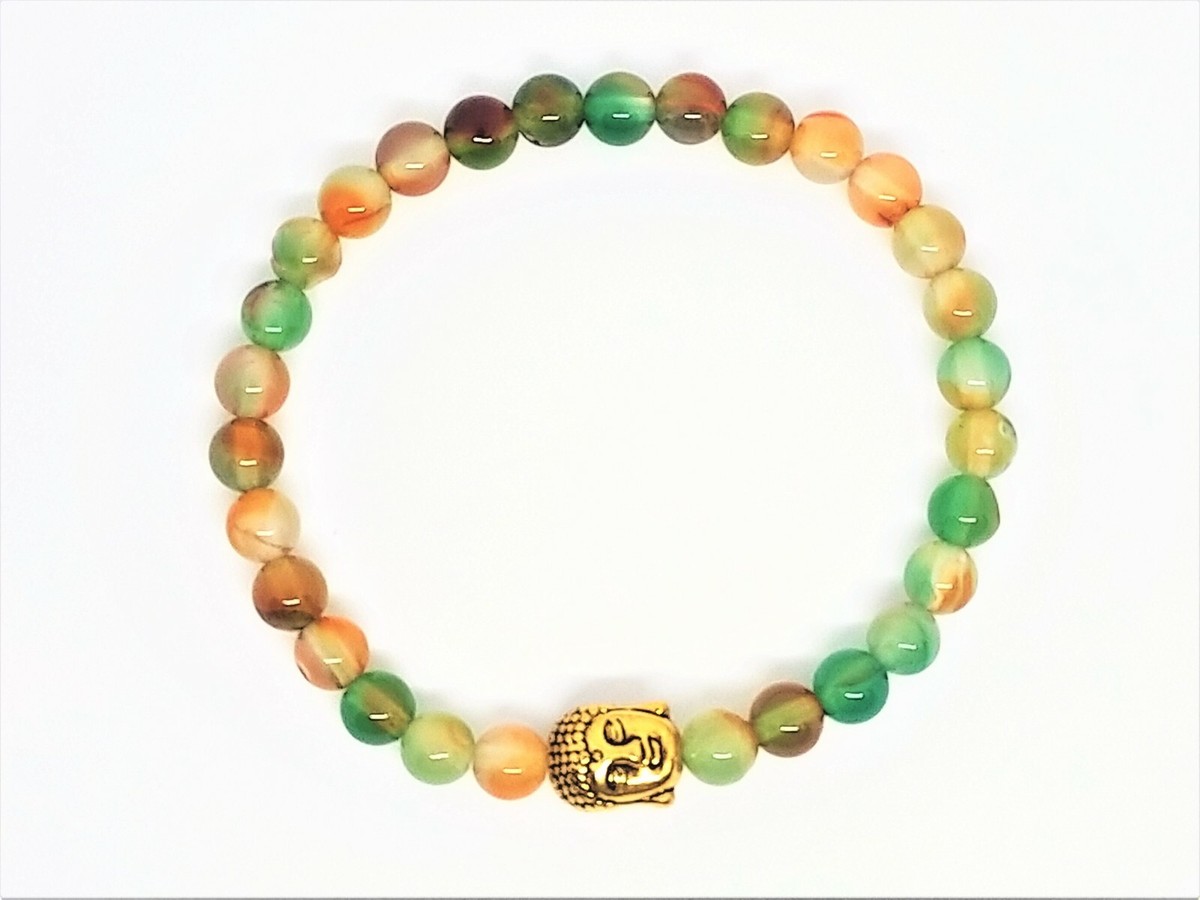 Bracelet Perles D'agate Multicolore 6mm Avec Charm Bouddha Argenté - Neuf Avec étiquettes