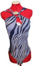 Aretha Brazil Blue/Gray Tiger/Zebra Stripe Padded Bra Fan Leotard Bodysuit M