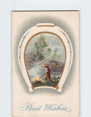 #ad Postcard Vintage Postcard quot;Best Wishesquot; with Horseshoe Frame and Rural Scene $3.46