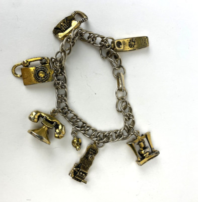 Vintage Charm Bracelet w Miniature Telephone Charms   Rotary, Payphone, Mobile