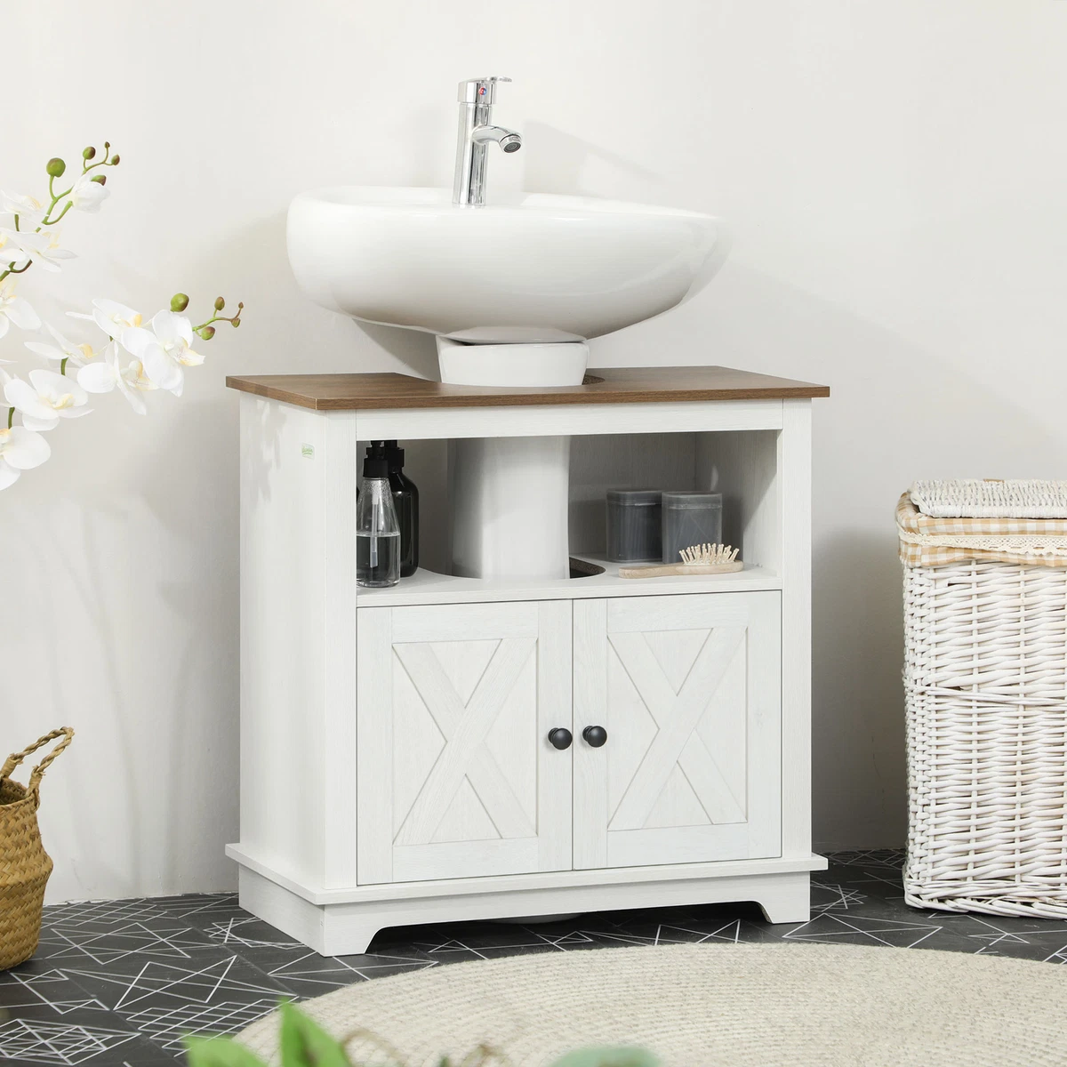 kleankin Pedestal Sink Storage Cabinet, Bathroom Under Sink Cabinet with 2 Doors and Open Shelf, Bathroom Vanity, Gray