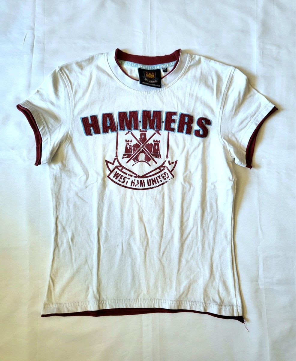 Official West Ham United FC 'Hammers' Embroidered T-Shirt (White, Size 10)  Rare