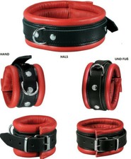 BDSM Bondage echt Leder Fesselset Handfesseln Fußfesseln Halsband gepolstert rot