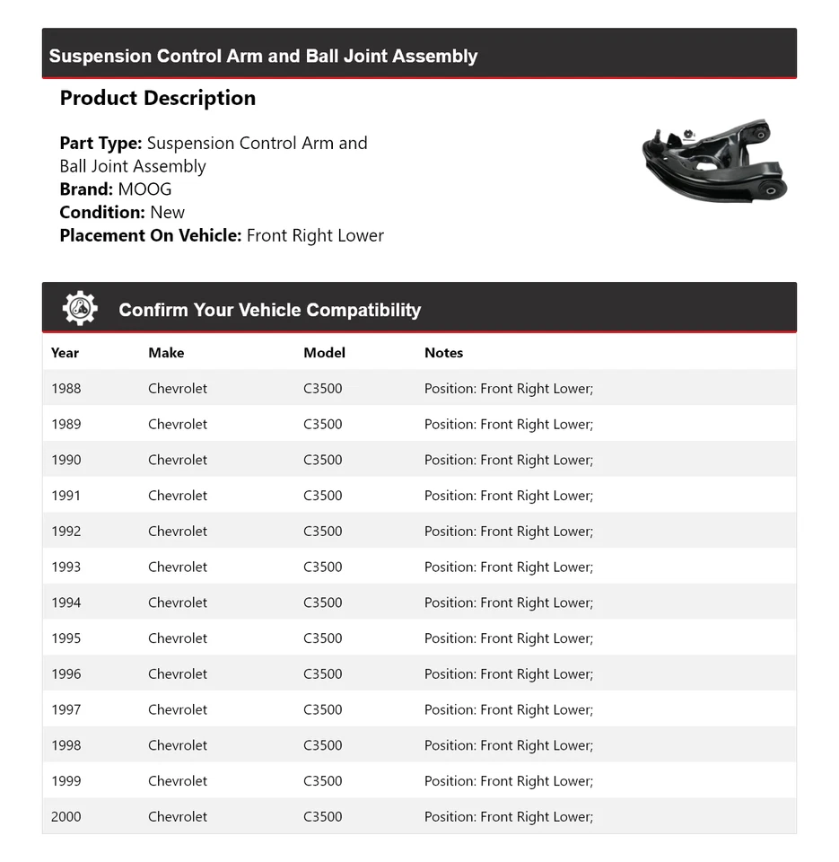 Brazo de control delantero derecho inferior MOOG 1988-2000 Chevrolet C3500 1988-2000 1989 1990 Foto 2 de 4