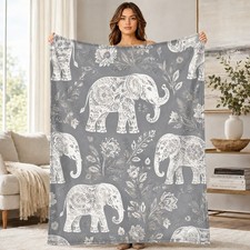 Floral Elephant Coral Fleece Blanket Whimsical Animal Decor