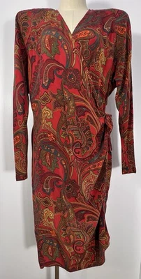 VTG LINDA ALLARD ELLEN TRACY Womens 14 Silk Paisley Red Wrap Dress 80s Boho - Image 1 of 4