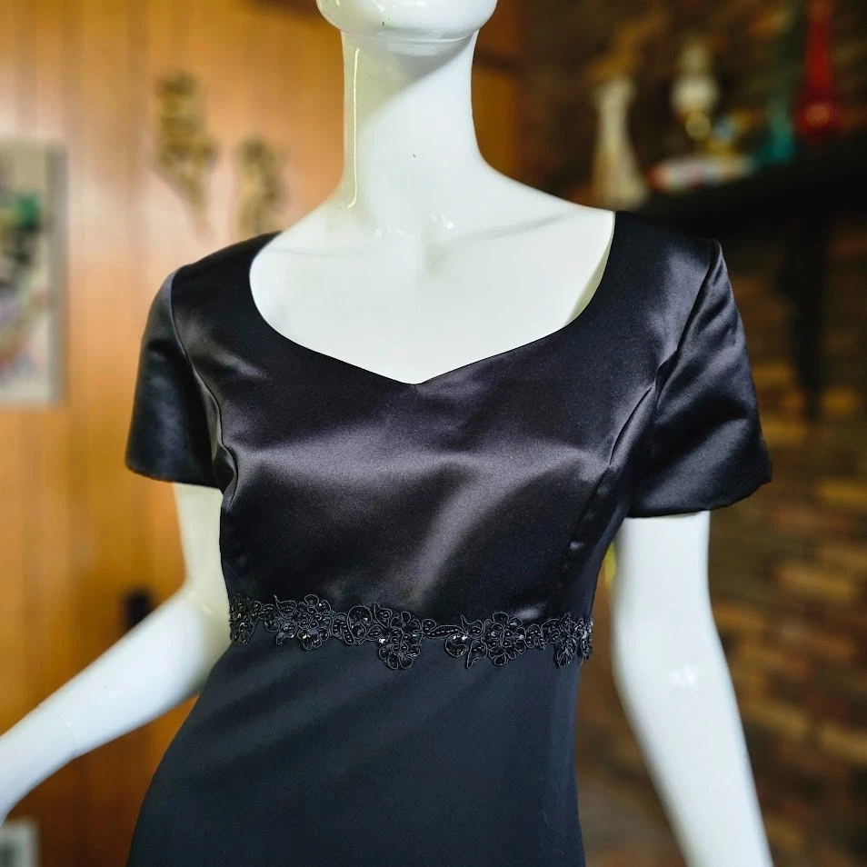 Vtg 90s Curvy Goth Black Chiffon Waterfall Maxi Fiesta Prom Formal Dress Gown L - Image 2 of 4