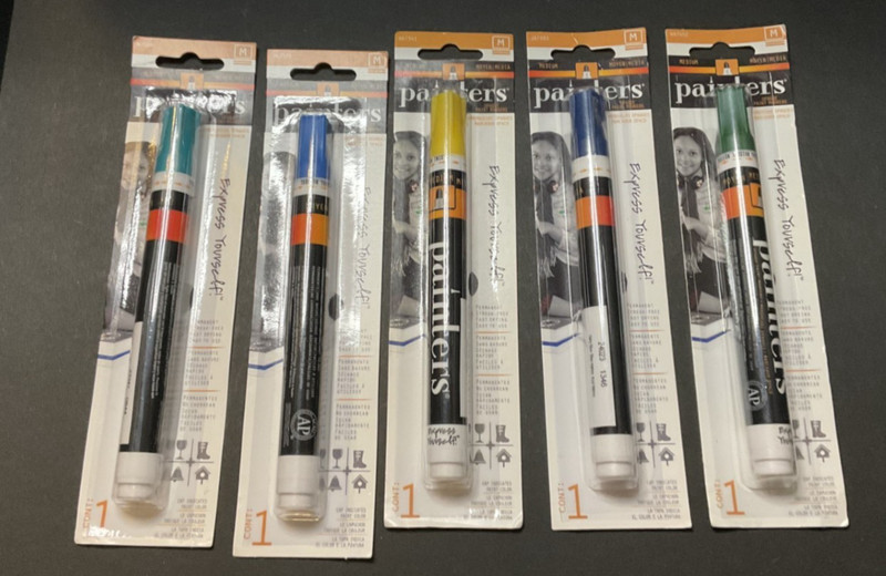 Lot Of 5 Sealed Elmers Medium Painters Markers - 2 Blues  2 Greens & a Yellow