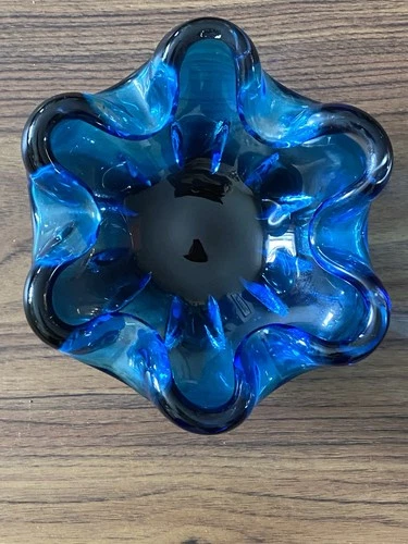 Murano Style Ruffled Edge Cobalt Blue Hand Blown Glass Bowl 6.5” Vintage