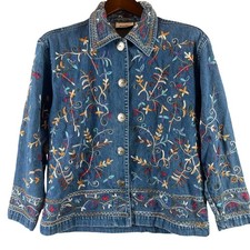 VINTAGE Units Denim Jacket Womens M Embroidered Floral Boho 90s Button Front