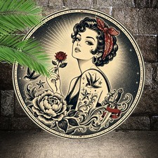 Round Tattoo Girl Metal Sign Vintage Retro Art Wall Plaque 8x8