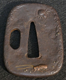 Antique Japanese Old Edo Period Tanto Tsuba 鍔 Iron Forged Grasshopper & Spider