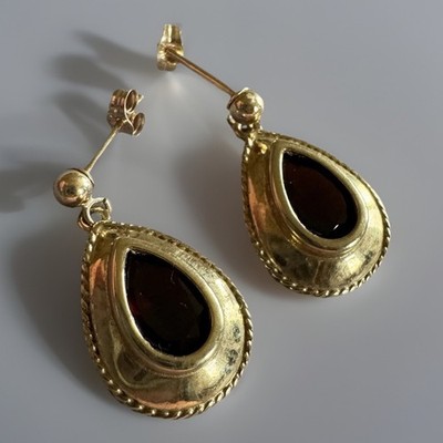 Ohrstecker 9 kt 375 Gelbgold Träne Granat Edelstein Ohrhänger Vintage