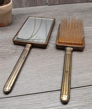 Vintage Vanity Brush  Mirror Set Gold Tone Bonus Tortoise Shell Hair Pick