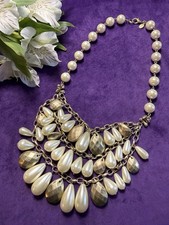 Vintage Style Tiered Faux Pearl Gold Tone Bib Bohemian Statement Necklace