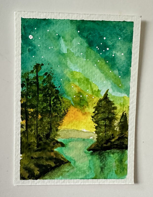 Original ACEO Watercolor Landscape Painting Forest Trees River Sky on Paper