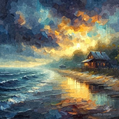 Abstract Oil Texture Lonely Seashore in the Twilight