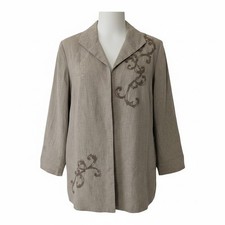 Coldwater Creek Linen Jacket Womens Sz 20 Tan Embroidered Open Front Blazer Boho