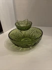 Vtg Anchor Hocking Avocado Green Glass Chip And Dip Set. Medallion Pattern 3 Pc