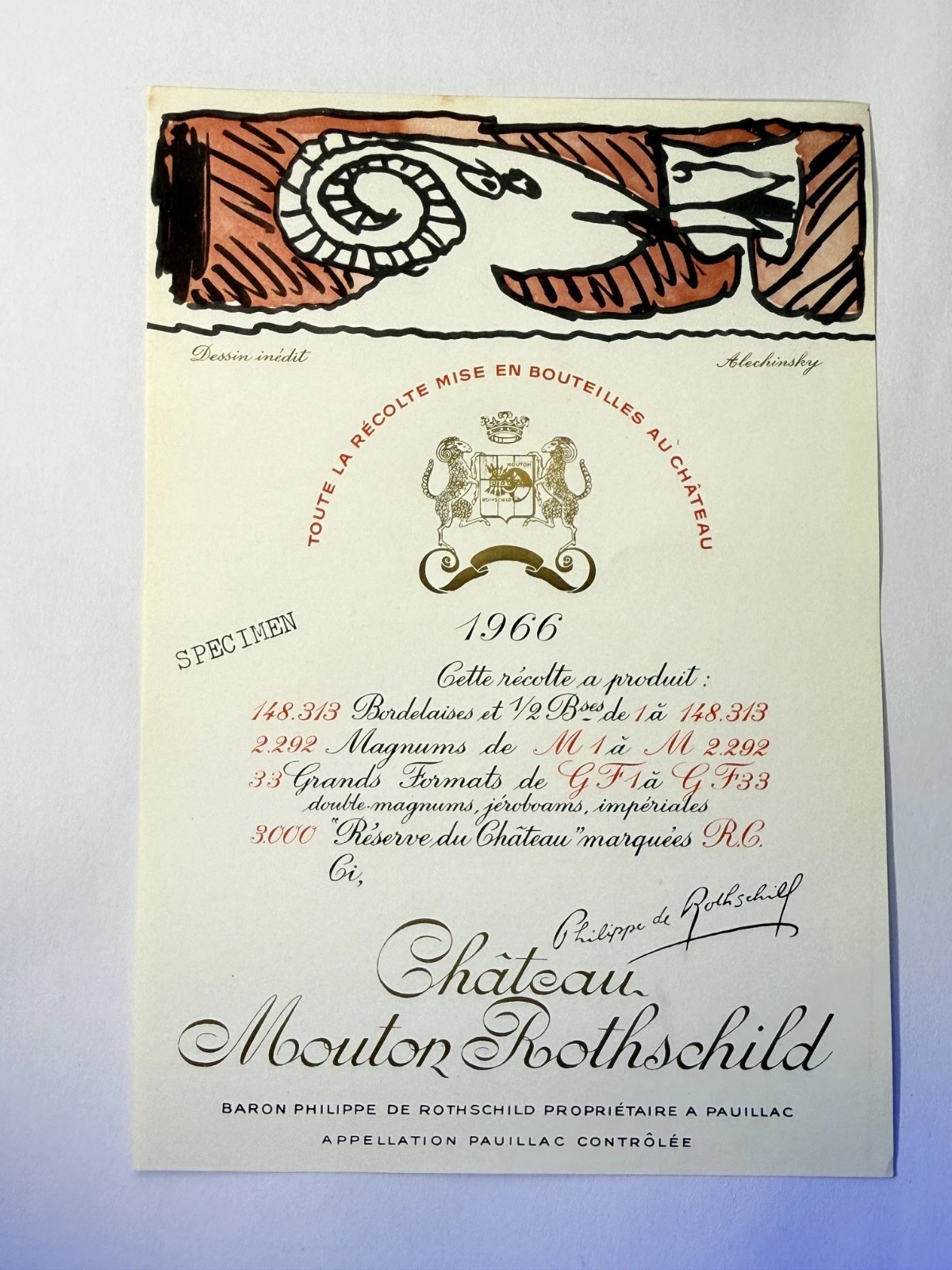 Étiquette De Vin Château Mouton Rotschild Spécimen 1966