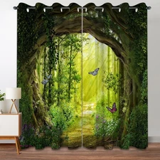 Enchanted Forest Patterned Blackout Curtains Tree Scenic Nature Green Curtain...